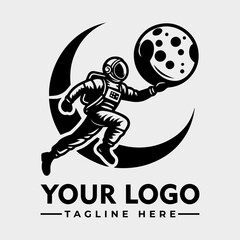 An astronaut running with a moon in hand, set against a crescent moon backdrop. © nuaari