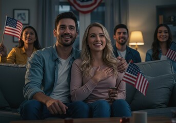 Obraz premium People watching television with american flags in living room