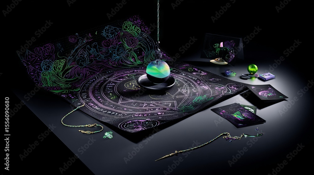 Poster mystical flat illustration featuring a crystal ball, intricate patterns, and various magical items a