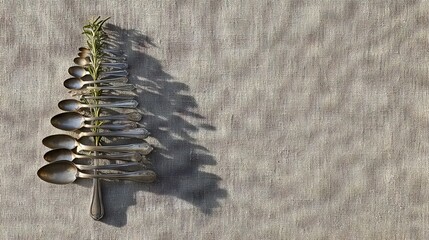 Artistic arrangement of silver spoons shaped like a Christmas tree, featuring a sprig of greenery, casting intricate shadows on a textured fabric background, evoking a festive atmosphere