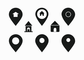 Collection of house and location pin icons silhouette isolated on transparent background