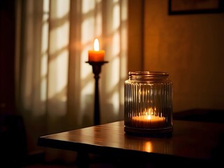 Two lit candles are casting a warm glow, creating a cozy and inviting ambiance in a dimly lit room, with one placed on a candlestick and the other inside a decorative glass jar