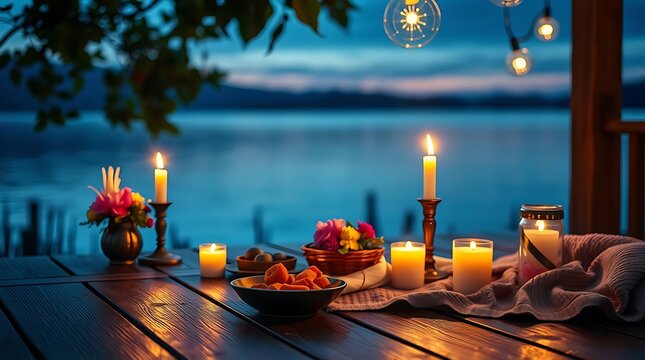 Romantic lakeside dinner with candles and string lights at sunset
