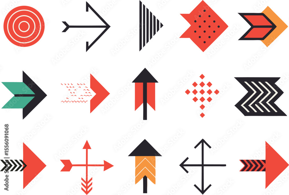 Poster collection of diverse abstract arrows and target symbol silhouette isolated on transparent backgroun