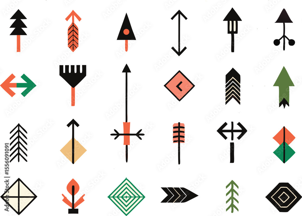 Poster collection of abstract geometric shapes and symbols in a primitive silhouette style isolated on tran
