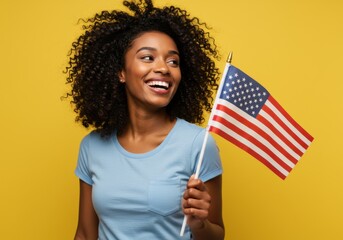Woman holding american flag isolated on yellow background