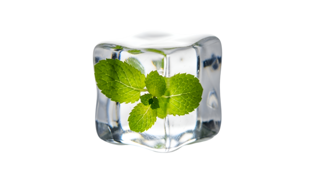 Freezing Mint Leaves in Ice Cube, Transparent Background