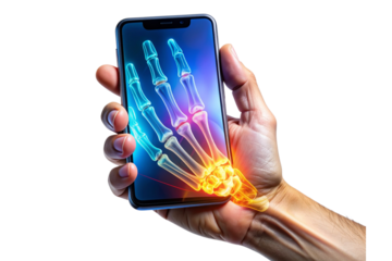 Human Hand Holding a Smartphone in X-Ray Style Showing Bones and Device Structure, isolated on a transparent background