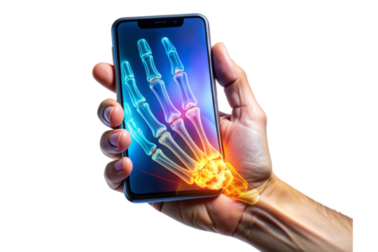 Human Hand Holding a Smartphone in X-Ray Style Showing Bones and Device Structure, isolated on a transparent background - Powered by Adobe