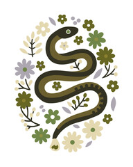 Obraz premium Snake with Flowers Illustration, Health Symbol