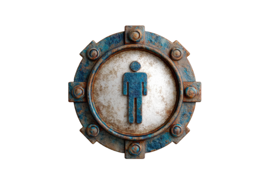 Rusted metallic circular sign with a faded male figure icon, featuring bolts and a worn texture