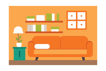 Cozy Living Room Interior Design Orange Sofa, Bookshelves, and Plants
