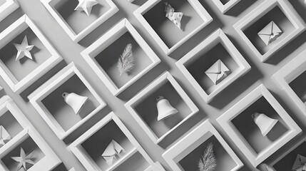 Decorative arrangement of white geometric shapes in shadow box frames, showcasing various holiday-themed items, creating a minimalist and festive atmosphere for seasonal decor