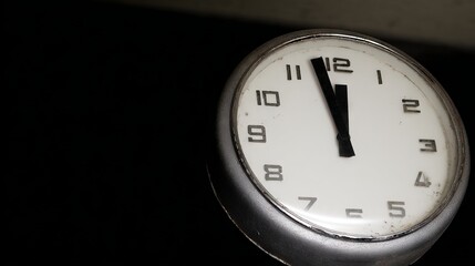 Vintage wall clock with a white face and black hands, displaying time just before noon, set against a dark background, emphasizing the passage of time and nostalgia