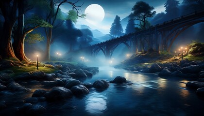 dark fantasy forest river in the forest with stones on the shore moonlight night forest landscape smoke smog fog bridge over river fantasy landscape 3d illustration