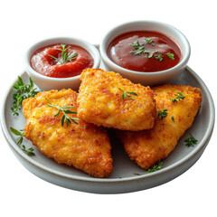 Fototapeta premium Fried Chicken piece coat with flour or batter that dipping with tomato or ketchup sauce isolated on white and transparent background.