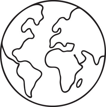 Simple Black and White Outline Drawing of the Earth Globe with Visible Continents and a Circular Border