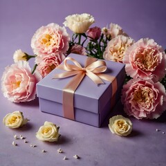 Gift Box with Carnation and Gypsophila Flowers on Lilac Background

