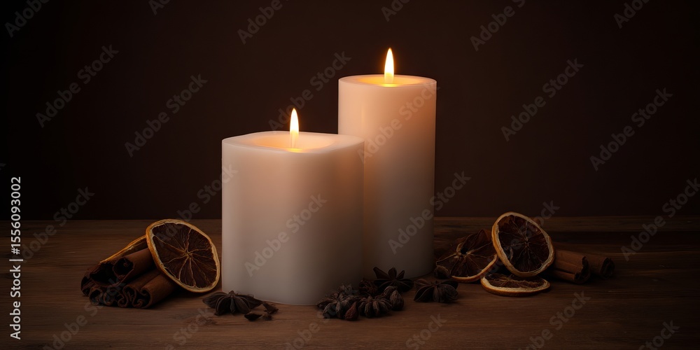 Poster two white candles with flickering flames are placed on a rustic wooden table surrounded by dried ora