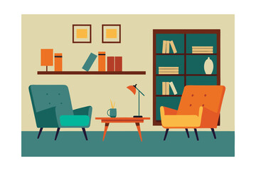 Fototapeta premium Cozy Reading Room: A charming, minimalist interior design featuring two armchairs, a bookshelf, and a side table adorned with a lamp and a mug of tea, inviting you to relax and enjoy a quiet moment.