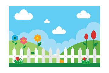 Fototapeta premium Garden Scene: A vibrant illustration of a whimsical garden, overflowing with colorful flowers and lush green grass.