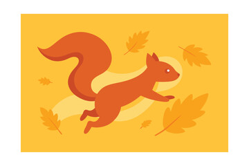 Autumn Squirrel's Leap: An illustration of a vibrant red squirrel in full flight amidst a shower of falling autumn leaves, embodying the energy and beauty of the season.