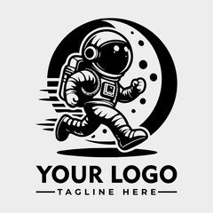 Cartoon astronaut running in space with a moon background, logo space below.