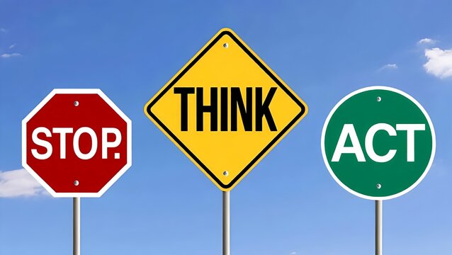 Stop, think, and act concept showcases road signs against a vibrant blue sky, symbolizing decision making and thoughtful action for improved outcomes.