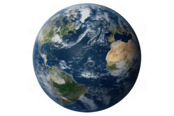 Photorealistic 3d rendering of planet earth rotating, featuring continents of europe, africa, and america, on a transparent background