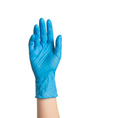 Blue latex medical gloves worn by female hand raised against white background, clinical cleanliness