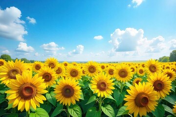 Obraz premium Breathtaking Summer Sunflower Field Golden Blooms Stretching to a Vibrant Blue Horizon