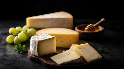 Plakat Delicious selection of gourmet cheeses accompanied by honey and fresh grapes on a dark background