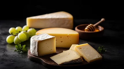 Fototapeten Delicious selection of gourmet cheeses accompanied by honey and fresh grapes on a dark background © Luminary Studio