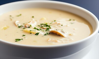 Creamy clam chowder with potatoes and herbs in a white bowl on a navy blue background