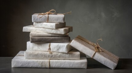 Stacked wrapped gifts in neutral tones, tied with twine, resting on a textured surface, creating a cozy and inviting atmosphere for celebrations and special occasions