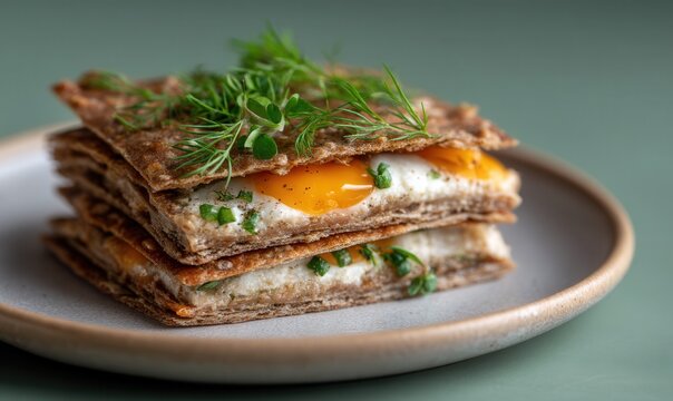 Buttery flatkaka with smoked lamb served on a pearl grey plate against a matte sea green background, perfect for morning meals