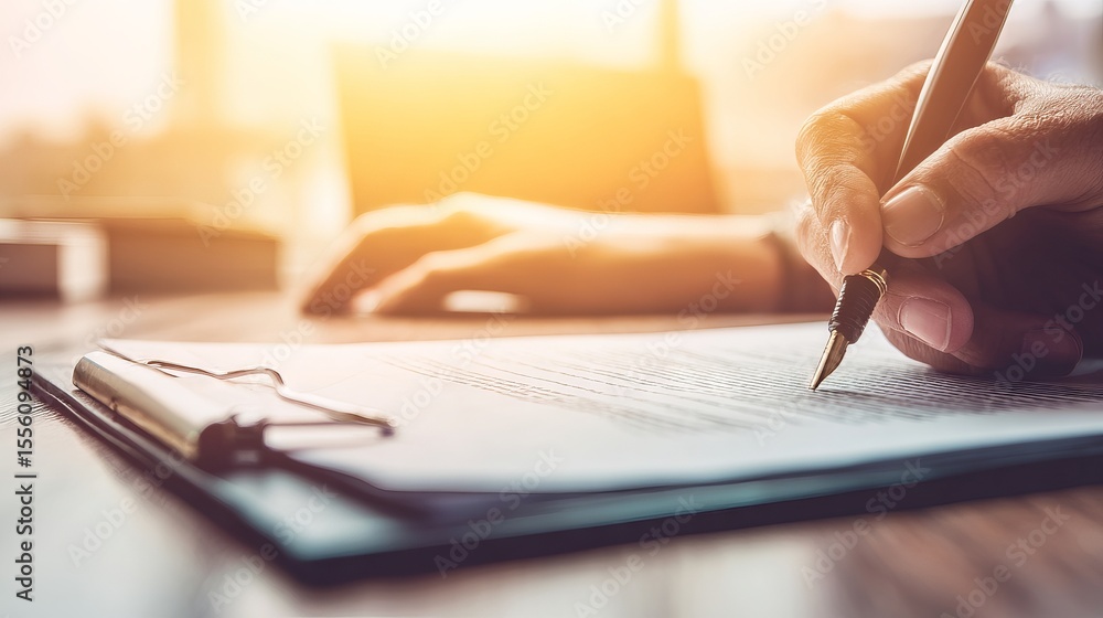 Poster close-up of a hand holding a fountain pen, writing on a document with sunlight streaming through a w