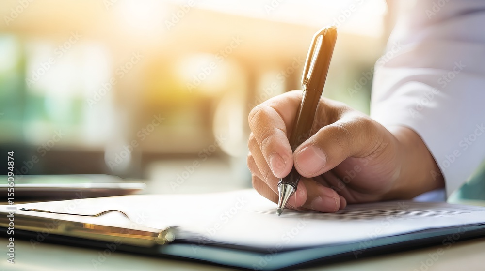 Poster hand of a business professional writing notes with a pen on a notepad, illuminated by soft sunlight,