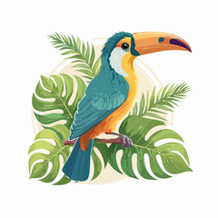 Vivid toucan design with tropical foliage creates an exotic wildlife graphic, perfect for logos, stickers, or vibrant jungle themed decor.
