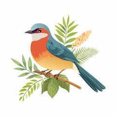 A beautiful bird rests on a leafy branch with floral accents, perfect for nature themed designs and creative projects.