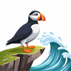 Obraz premium A vibrant puffin illustration, perched on a cliffside with a playful wave, perfect for adding a touch of nature and whimsical charm to any project.