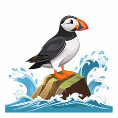 Obraz premium Charming puffin graphic standing on a rock amidst splashing waves, perfect for coastal-themed designs or playful animal-themed projects.