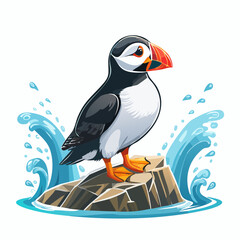 Obraz premium Striking design featuring an Atlantic puffin perched on a rock amidst splashing water, perfect for wildlife and conservation themes.