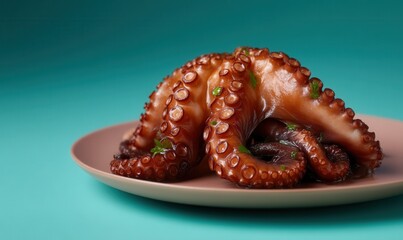 Fototapeta premium Tender tarantella octopus with charred tentacles displayed on a coral plate against a soothing aqua background