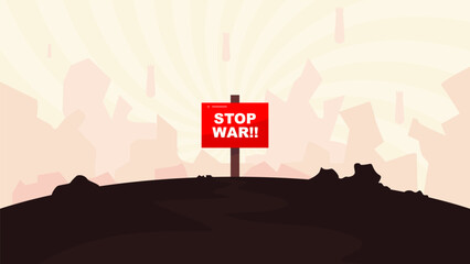 stop war vector illustration with collapsed building atmosphere