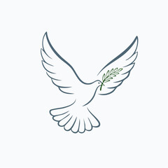 Fototapeta premium Graceful dove carrying an olive branch, a symbol of peace and hope, rendered in a minimalistic design perfect for versatile applications.