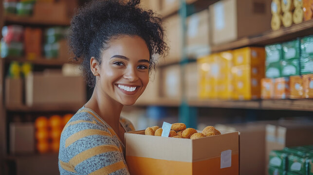 This image shows a smiling young woman holding a box of packaged food in a warehouse or storage room, suitable for blogs about food donation, charity work, or small business logistics.