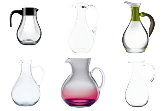 Glass carafes with handles in modern minimalist style, transparent and colored glass, ideal for serving water, juice, or wine. Ample copy space for text, isolated, no background, transparent png