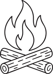 Obraz premium Simple Black and White Line Art Illustration of a Campfire with Logs and Flames Isolated on White