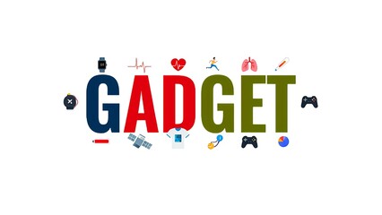 Gadget concept illustration with modern devices and lifestyle icons creatively spelling out the word against a white background.